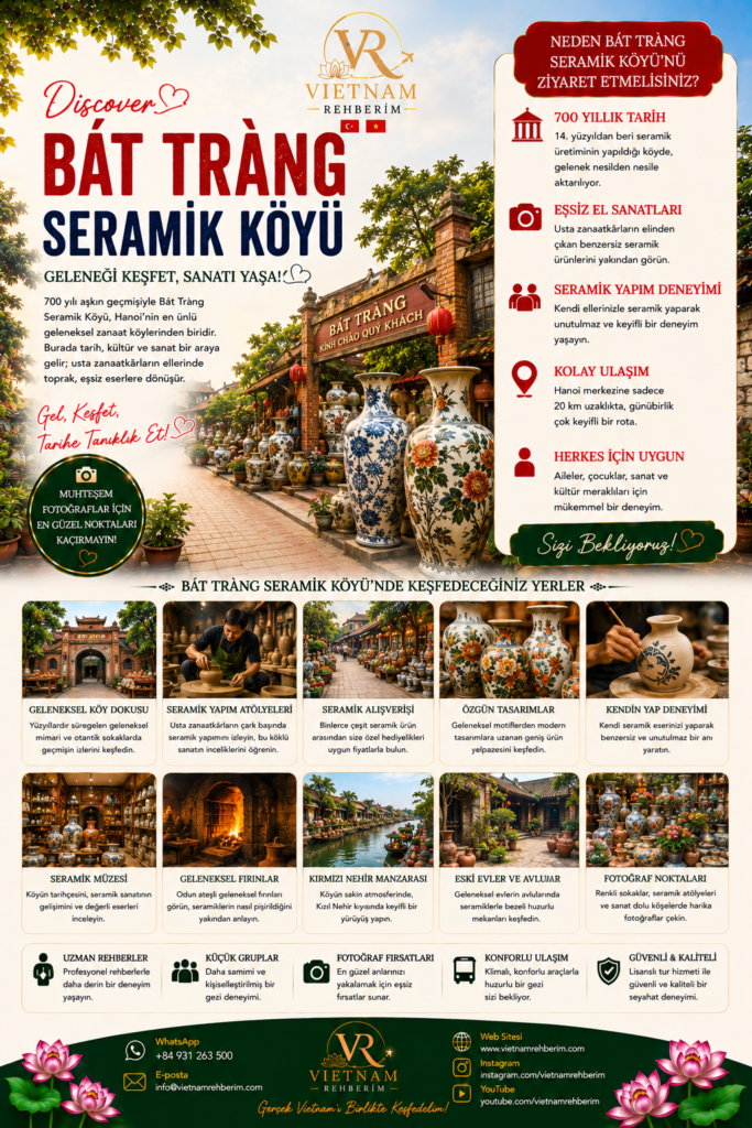 Bat Trang Ceramic Village in Hanoi, Vietnam featured in a travel promotion poster by Vietnam Rehberim. Traditional pottery village with handmade ceramics, local artisans, cultural atmosphere and authentic Vietnamese craftsmanship. | Vietnam Rehberim tarafından hazırlanan Bát Tràng Seramik Köyü Hanoi tanıtım görseli. Geleneksel seramik atölyeleri, el yapımı çömlekler, yerel sanatçılar ve Vietnam kültürünü yansıtan tarihi köy atmosferiyle öne çıkmaktadır.