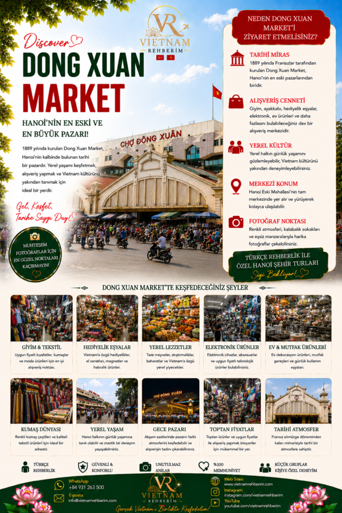 Dong Xuan Market in Hanoi, Vietnam featured in a travel promotion poster by Vietnam Rehberim. Historic local market with shopping areas, street culture, traditional Vietnamese atmosphere and busy streets in Hanoi Old Quarter. | Vietnam Rehberim tarafından hazırlanan Dong Xuan Market Hanoi tanıtım görseli. Hanoi Old Quarter bölgesinde bulunan tarihi pazar, alışveriş alanları, yerel yaşam ve geleneksel Vietnam atmosferiyle öne çıkmaktadır.