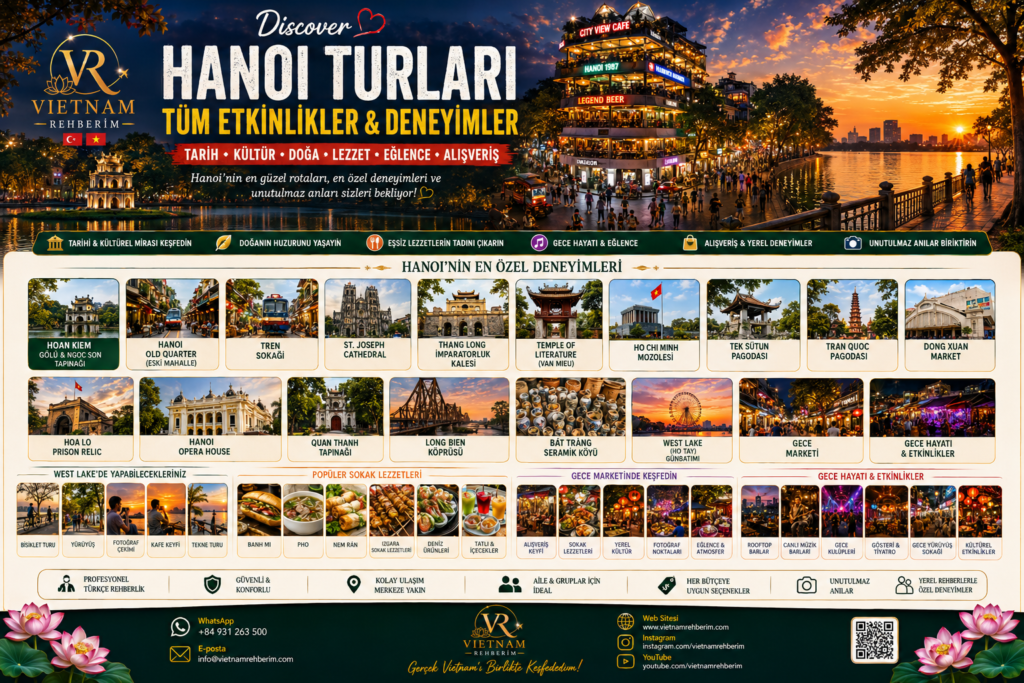 Vietnam Rehberim tarafından düzenlenen Hanoi City Tour tanıtım görseli. Hoan Kiem Lake, Old Quarter, Train Street, Temple of Literature ve Hanoi’nin tarihi noktalarını içeren Türkçe rehberli Vietnam şehir turu.