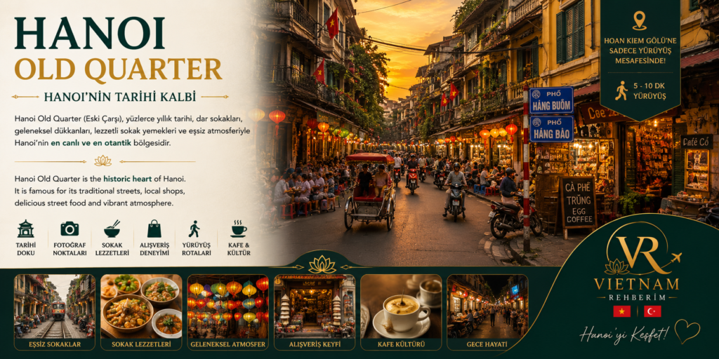 Hanoi Old Quarter bölgesi – sokak lezzetleri, kafeler, tarihi atmosfer ve Vietnam kültürünü keşfetmek için popüler destinasyon
