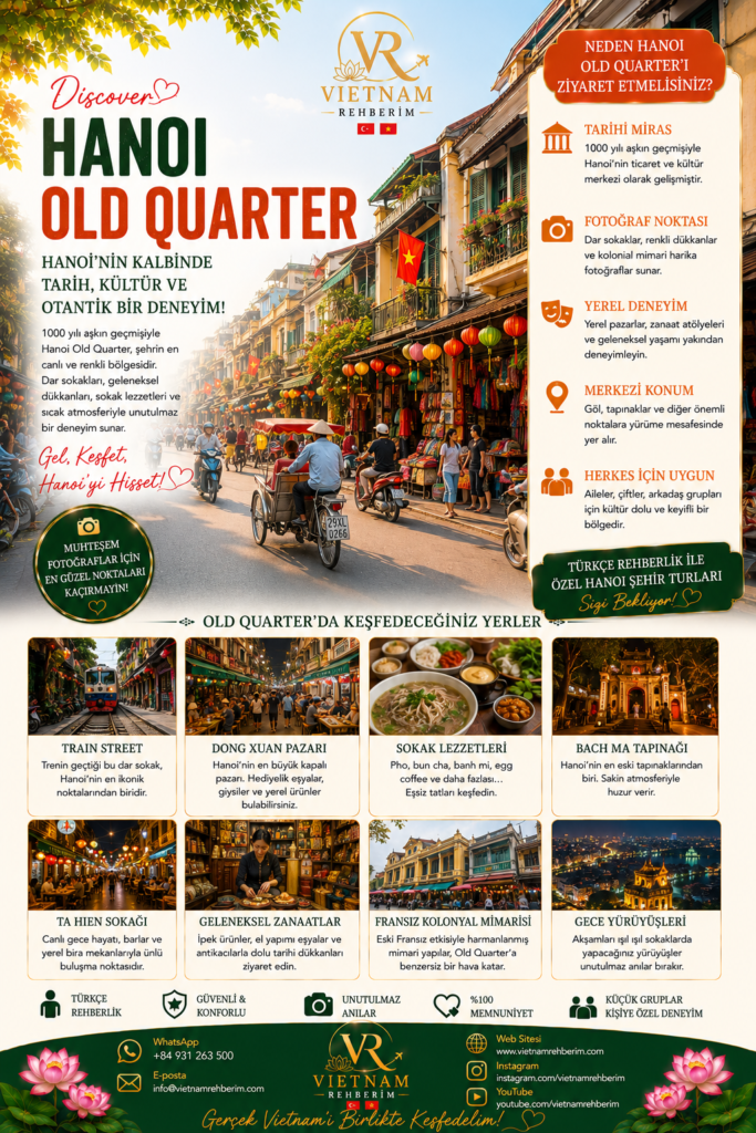 TR: Hanoi Old Quarter sokakları, Vietnam kültürü, geleneksel mağazalar ve street food atmosferini gösteren Vietnam Rehberim şehir turu posteri EN: Vietnam Rehberim travel poster showing Hanoi Old Quarter streets, local culture, traditional shops and Vietnamese street food atmosphere