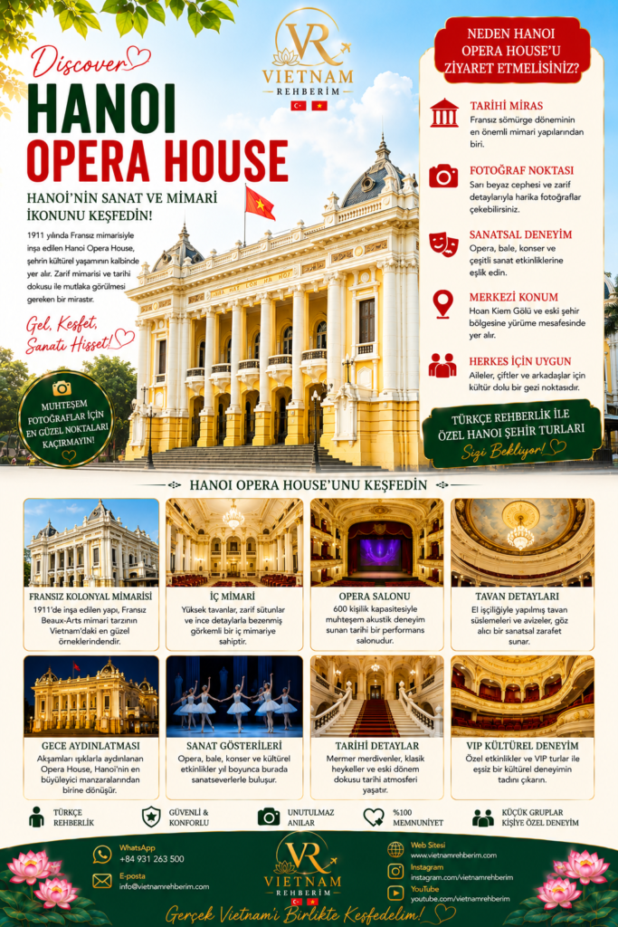 Hanoi Opera House in Hanoi, Vietnam featured in a travel promotion poster by Vietnam Rehberim. Historic French colonial architecture with elegant European design, opera performances and cultural atmosphere in central Hanoi. | Vietnam Rehberim tarafından hazırlanan Hanoi Opera House tanıtım görseli. Fransız kolonyal mimarisi, zarif Avrupa tarzı detayları ve kültürel atmosferiyle Hanoi’nin en önemli tarihi yapılarından biri olarak öne çıkmaktadır.