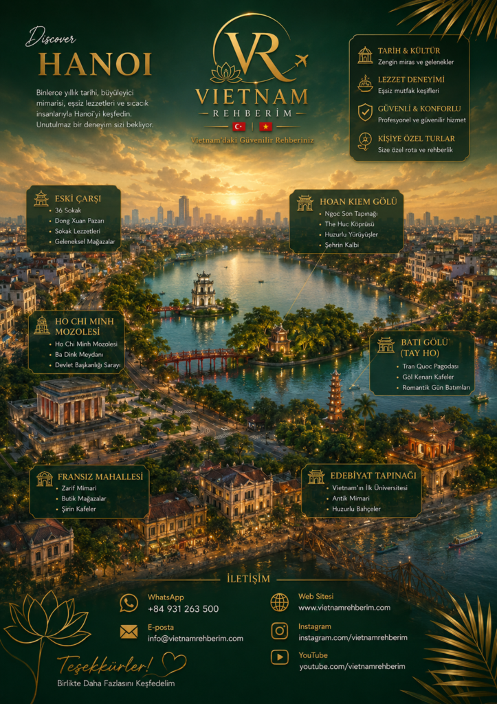 Vietnam Rehberim tarafından düzenlenen Hanoi Şehir Turu / Hanoi City Tour posteri. Hoan Kiem Lake, Old Quarter, Temple of Literature ve Hanoi’nin tarihi noktalarını içeren Türkçe rehberli Vietnam tur programı.