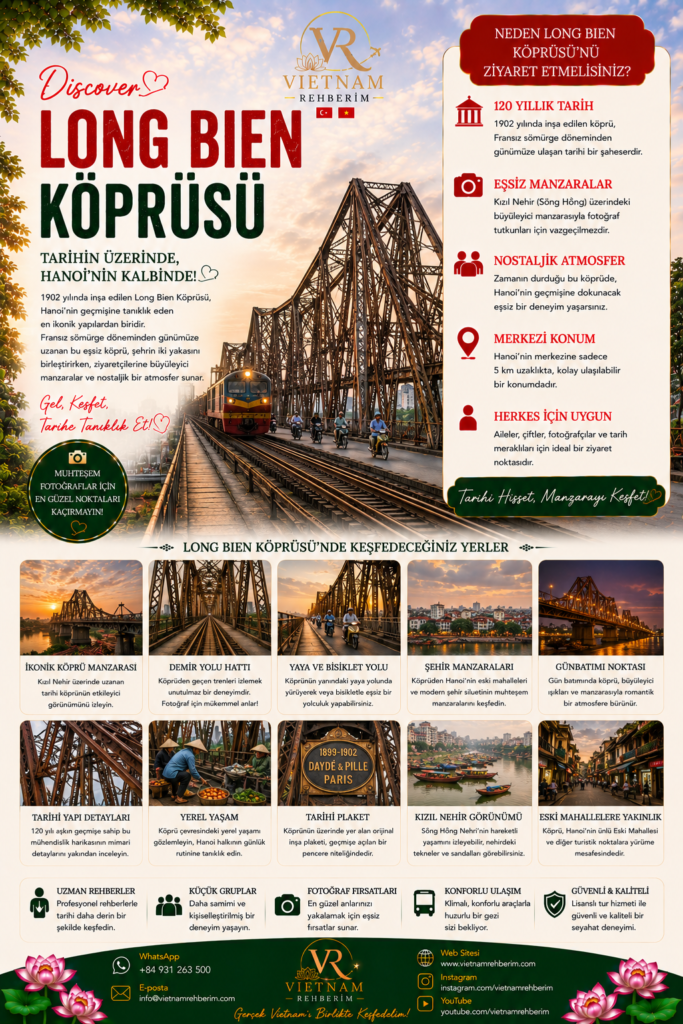 Long Bien Bridge in Hanoi, Vietnam featured in a travel promotion poster by Vietnam Rehberim. Historic French colonial bridge over the Red River with train tracks, local life, sunset scenery and iconic Hanoi atmosphere. | Vietnam Rehberim tarafından hazırlanan Long Bien Köprüsü Hanoi tanıtım görseli. Kızıl Nehir üzerinde yer alan tarihi köprü, tren yolu, gün batımı manzarası ve Hanoi’nin nostaljik atmosferiyle öne çıkmaktadır.