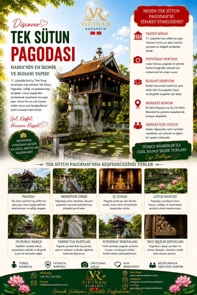 One Pillar Pagoda in Hanoi, Vietnam featured in a promotional travel poster by Vietnam Rehberim. The historic Buddhist pagoda is surrounded by lotus ponds and traditional Vietnamese architecture.