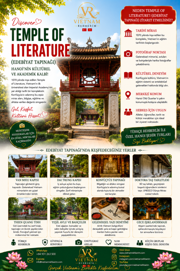 Alt Text: Vietnam Rehberim tarafından hazırlanan Temple of Literature Hanoi tanıtım görseli. Hanoi’de bulunan tarihi Edebiyat Tapınağı, kültürel ve akademik mirasıyla Vietnam’ın en önemli turistik noktalarından biridir.