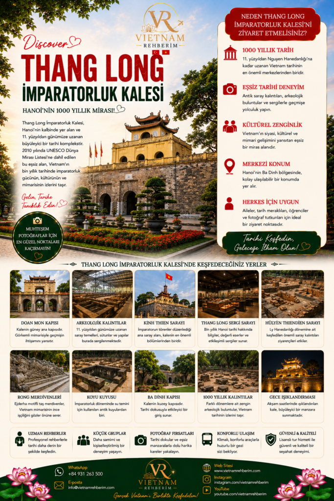 Thang Long Imperial Citadel in Hanoi, Vietnam featured in a travel promotion poster by Vietnam Rehberim. Historic imperial fortress with ancient architecture, archaeological ruins and UNESCO World Heritage cultural atmosphere in Hanoi. | Vietnam Rehberim tarafından hazırlanan Thang Long İmparatorluk Kalesi Hanoi tanıtım görseli. Tarihi kale yapıları, antik mimari detaylar, arkeolojik kalıntılar ve UNESCO Dünya Mirası atmosferiyle Hanoi’nin en önemli tarihi bölgelerinden biri olarak öne çıkmaktadır.