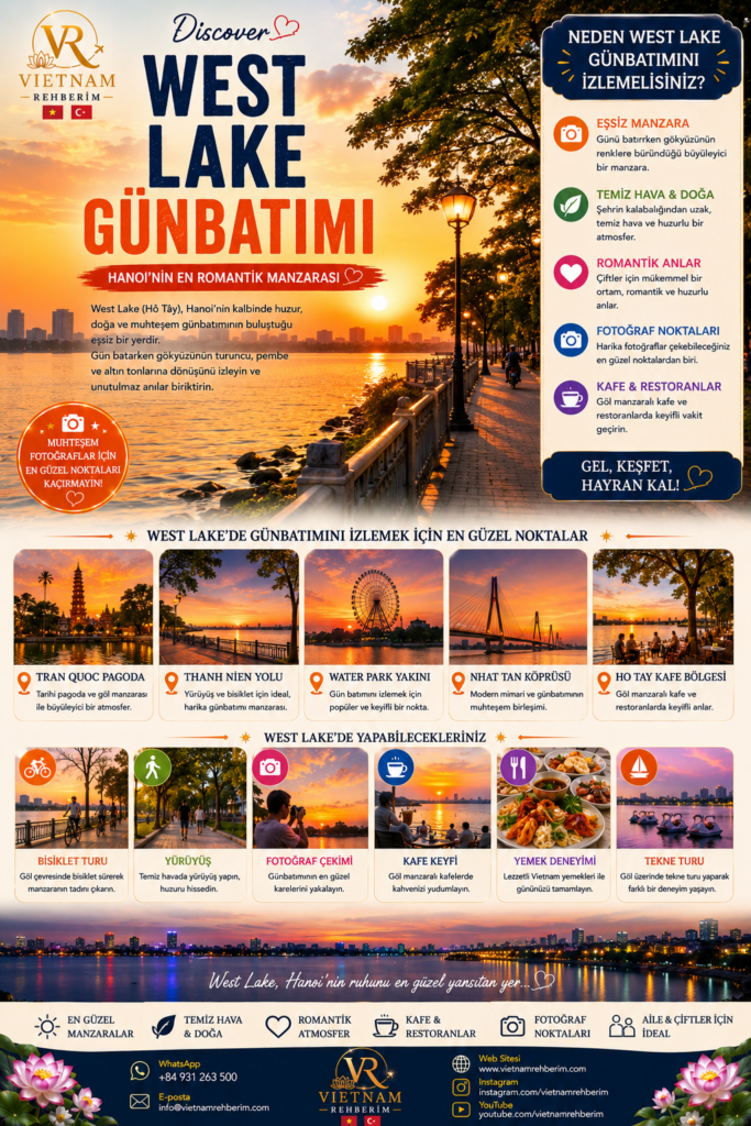 West Lake sunset in Hanoi, Vietnam featured in a travel promotion poster by Vietnam Rehberim. Romantic lakeside atmosphere with sunset reflections, walking paths, cafes and scenic views around Ho Tay in Hanoi. | Vietnam Rehberim tarafından hazırlanan West Lake Günbatımı Hanoi tanıtım görseli. Gün batımı manzarası, göl kenarı yürüyüş yolları, romantik atmosferi ve Ho Tay çevresindeki huzurlu şehir manzarasıyla öne çıkmaktadır.