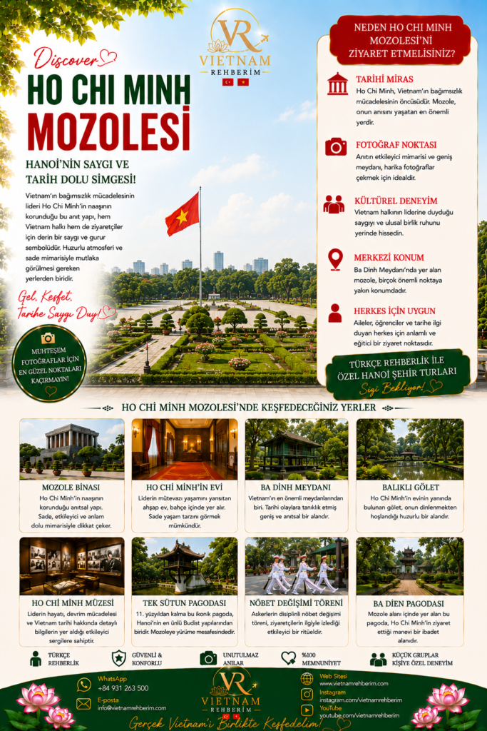 TR:
Hanoi’de bulunan Ho Chi Minh Mozolesi’nin tarihi mimarisi ve Vietnam Rehberim şehir turu posteri

EN:
Vietnam Rehberim travel poster showing the historical architecture of Ho Chi Minh Mausoleum in Hanoi, Vietnam