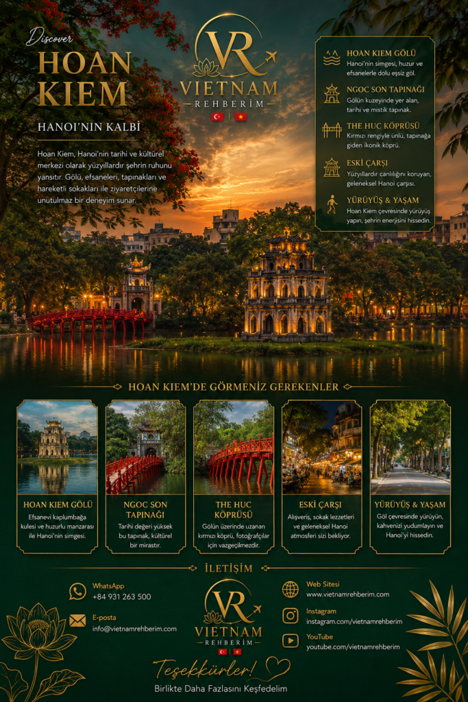 Hoan Kiem Lake Hanoi travel poster by Vietnam Rehberim featuring Ngoc Son Temple, The Huc Bridge and Hanoi Old Quarter with Turkish guided Vietnam tour services.